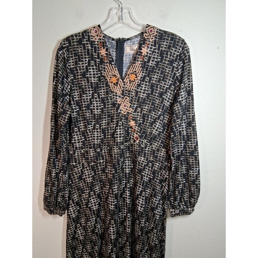 NWT Sheryl Crow Dress Woven Look Embroidered V-Neck Kaftan Maxi Black Sz Medium - Picture 2 of 7